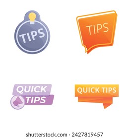 Iconos de consejos rápidos conjunto de vector de dibujos animados. Insignia de consejos rápidos, emblema, etiqueta y pegatina. Consejos útiles, solución