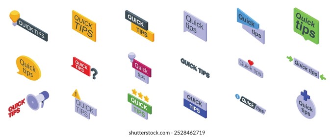 Quick tips icons set. This set features a diverse collection of quick tips banners, each with a unique isometric icon and design