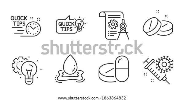 Quick tips,\
Idea gear and Medical tablet line icons set. Education idea,\
Coronavirus vaccine and Medical drugs signs. Water splash, Divider\
document symbols. Quality line icons.\
Vector