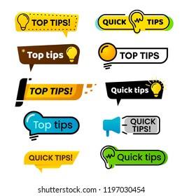 Quick tips. Idea suggestion, tricks solutions advice and best solution tip, quickly solutions trick helpful advices suggestion bubbles isolated vector banner isolated sign set