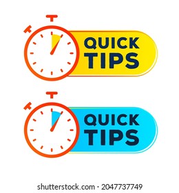 Quick tips label timer vector set modern style for tooltip badge, solution and advice banner, helpful tricks, useful information sticker, education tag, hint, new knowledge and study practice. 10 eps