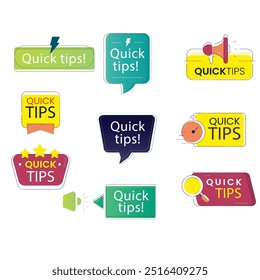 Quick tips label vector set modern style for tooltip badge, solution and advice banner, helpful tricks, useful information sticker, education tag, hint, new knowledge and study practice. 10 eps