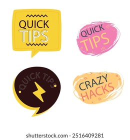 Quick tips label vector set modern style for tooltip badge, solution and advice banner, helpful tricks, useful information sticker, education tag, hint, new knowledge and study practice. 10 eps