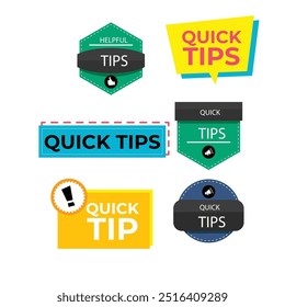 Quick tips label vector set modern style for tooltip badge, solution and advice banner, helpful tricks, useful information sticker, education tag, hint, new knowledge and study practice. 10 eps