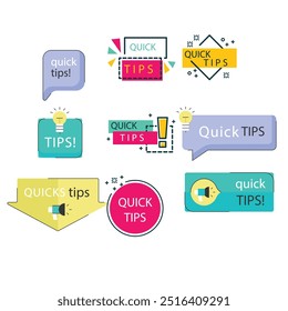 Quick tips label vector set modern style for tooltip badge, solution and advice banner, helpful tricks, useful information sticker, education tag, hint, new knowledge and study practice. 10 eps