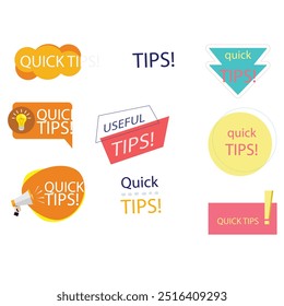 Quick tips label vector set modern style for tooltip badge, solution and advice banner, helpful tricks, useful information sticker, education tag, hint, new knowledge and study practice. 10 eps