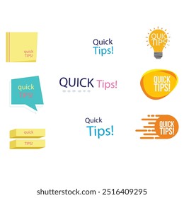 Quick tips label vector set modern style for tooltip badge, solution and advice banner, helpful tricks, useful information sticker, education tag, hint, new knowledge and study practice. 10 eps