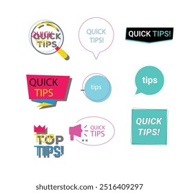 Quick tips label vector set modern style for tooltip badge, solution and advice banner, helpful tricks, useful information sticker, education tag, hint, new knowledge and study practice. 10 eps