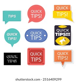 Quick tips label vector set modern style for tooltip badge, solution and advice banner, helpful tricks, useful information sticker, education tag, hint, new knowledge and study practice. 10 eps