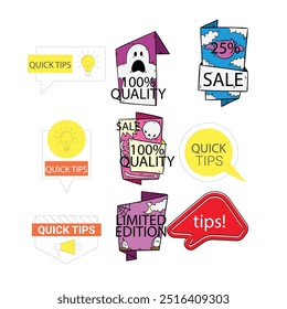 Quick tips label vector set modern style for tooltip badge, solution and advice banner, helpful tricks, useful information sticker, education tag, hint, new knowledge and study practice. 10 eps