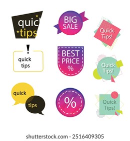 Quick tips label vector set modern style for tooltip badge, solution and advice banner, helpful tricks, useful information sticker, education tag, hint, new knowledge and study practice. 10 eps