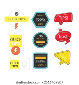 Quick tips label vector set modern style for tooltip badge, solution and advice banner, helpful tricks, useful information sticker, education tag, hint, new knowledge and study practice. 10 eps