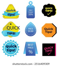 Quick tips label vector set modern style for tooltip badge, solution and advice banner, helpful tricks, useful information sticker, education tag, hint, new knowledge and study practice. 10 eps