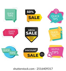 Quick tips label vector set modern style for tooltip badge, solution and advice banner, helpful tricks, useful information sticker, education tag, hint, new knowledge and study practice. 10 eps