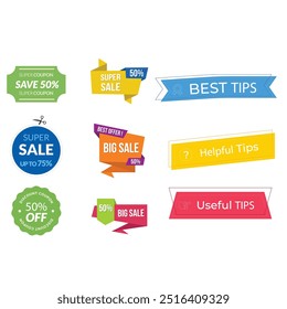 Quick tips label vector set modern style for tooltip badge, solution and advice banner, helpful tricks, useful information sticker, education tag, hint, new knowledge and study practice. 10 eps