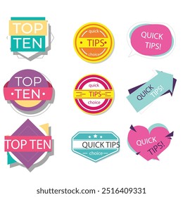 Quick tips label vector set modern style for tooltip badge, solution and advice banner, helpful tricks, useful information sticker, education tag, hint, new knowledge and study practice. 10 eps