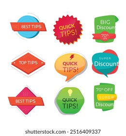 Quick tips label vector set modern style for tooltip badge, solution and advice banner, helpful tricks, useful information sticker, education tag, hint, new knowledge and study practice. 10 eps