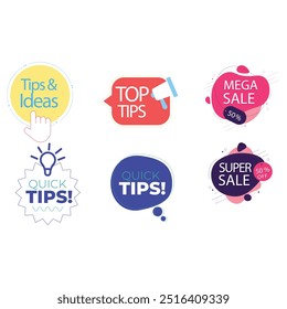 Quick tips label vector set modern style for tooltip badge, solution and advice banner, helpful tricks, useful information sticker, education tag, hint, new knowledge and study practice. 10 eps