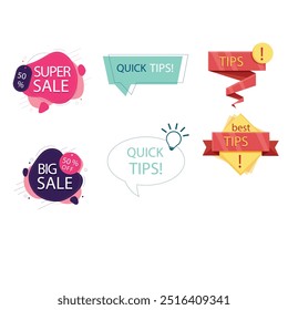 Quick tips label vector set modern style for tooltip badge, solution and advice banner, helpful tricks, useful information sticker, education tag, hint, new knowledge and study practice. 10 eps