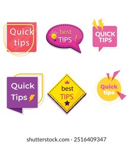 Quick tips label vector set modern style for tooltip badge, solution and advice banner, helpful tricks, useful information sticker, education tag, hint, new knowledge and study practice. 10 eps