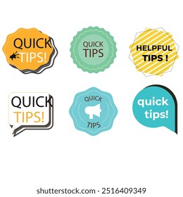 Quick tips label vector set modern style for tooltip badge, solution and advice banner, helpful tricks, useful information sticker, education tag, hint, new knowledge and study practice. 10 eps