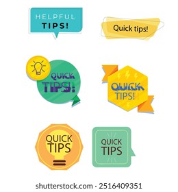 Quick tips label vector set modern style for tooltip badge, solution and advice banner, helpful tricks, useful information sticker, education tag, hint, new knowledge and study practice. 10 eps