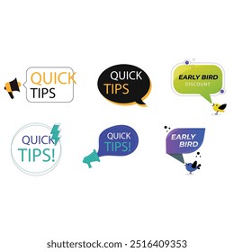 Quick tips label vector set modern style for tooltip badge, solution and advice banner, helpful tricks, useful information sticker, education tag, hint, new knowledge and study practice. 10 eps