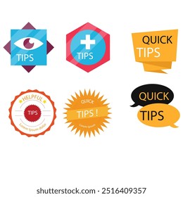 Quick tips label vector set modern style for tooltip badge, solution and advice banner, helpful tricks, useful information sticker, education tag, hint, new knowledge and study practice. 10 eps