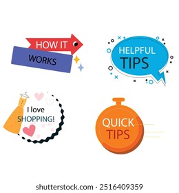 Quick tips label vector set modern style for tooltip badge, solution and advice banner, helpful tricks, useful information sticker, education tag, hint, new knowledge and study practice. 10 eps