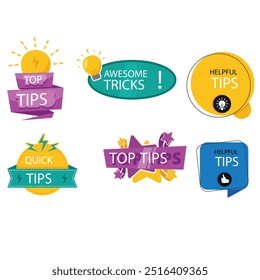 Quick tips label vector set modern style for tooltip badge, solution and advice banner, helpful tricks, useful information sticker, education tag, hint, new knowledge and study practice. 10 eps