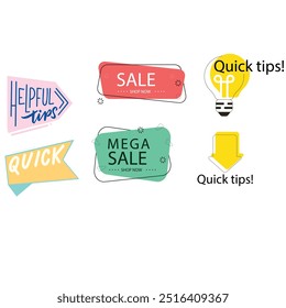 Quick tips label vector set modern style for tooltip badge, solution and advice banner, helpful tricks, useful information sticker, education tag, hint, new knowledge and study practice. 10 eps