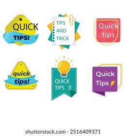 Quick tips label vector set modern style for tooltip badge, solution and advice banner, helpful tricks, useful information sticker, education tag, hint, new knowledge and study practice. 10 eps