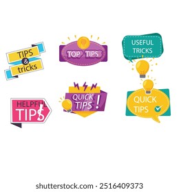 Quick tips label vector set modern style for tooltip badge, solution and advice banner, helpful tricks, useful information sticker, education tag, hint, new knowledge and study practice. 10 eps