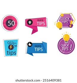 Quick tips label vector set modern style for tooltip badge, solution and advice banner, helpful tricks, useful information sticker, education tag, hint, new knowledge and study practice. 10 eps