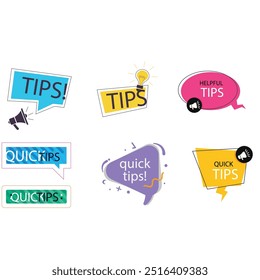 Quick tips label vector set modern style for tooltip badge, solution and advice banner, helpful tricks, useful information sticker, education tag, hint, new knowledge and study practice. 10 eps