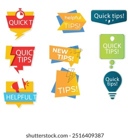 Quick tips label vector set modern style for tooltip badge, solution and advice banner, helpful tricks, useful information sticker, education tag, hint, new knowledge and study practice. 10 eps