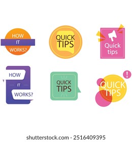 Quick tips label vector set modern style for tooltip badge, solution and advice banner, helpful tricks, useful information sticker, education tag, hint, new knowledge and study practice. 10 eps