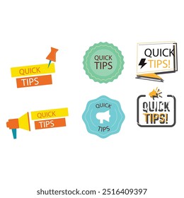 Quick tips label vector set modern style for tooltip badge, solution and advice banner, helpful tricks, useful information sticker, education tag, hint, new knowledge and study practice. 10 eps