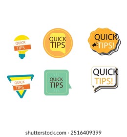 Quick tips label vector set modern style for tooltip badge, solution and advice banner, helpful tricks, useful information sticker, education tag, hint, new knowledge and study practice. 10 eps