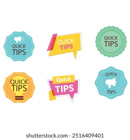 Quick tips label vector set modern style for tooltip badge, solution and advice banner, helpful tricks, useful information sticker, education tag, hint, new knowledge and study practice. 10 eps