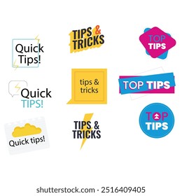 Quick tips label vector set modern style for tooltip badge, solution and advice banner, helpful tricks, useful information sticker, education tag, hint, new knowledge and study practice. 10 eps