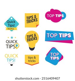 Quick tips label vector set modern style for tooltip badge, solution and advice banner, helpful tricks, useful information sticker, education tag, hint, new knowledge and study practice. 10 eps