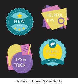 Quick tips label vector set modern style for tooltip badge, solution and advice banner, helpful tricks, useful information sticker, education tag, hint, new knowledge and study practice. 10 eps