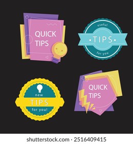 Quick tips label vector set modern style for tooltip badge, solution and advice banner, helpful tricks, useful information sticker, education tag, hint, new knowledge and study practice. 10 eps