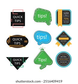 Quick tips label vector set modern style for tooltip badge, solution and advice banner, helpful tricks, useful information sticker, education tag, hint, new knowledge and study practice. 10 eps