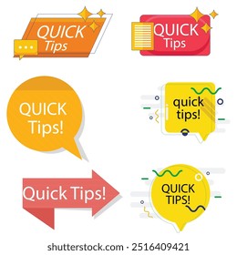 Quick-Tipps Label Vektor-Set modernen Stil für Tooltip Badge, Lösung und Beratung Banner, hilfreiche Tricks, nützliche Informationen Aufkleber, Bildung Tag, Tipp, neue Kenntnisse und Praxis zu studieren. 10 eps