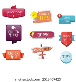 Quick tips label vector set modern style for tooltip badge, solution and advice banner, helpful tricks, useful information sticker, education tag, hint, new knowledge and study practice. 10 eps