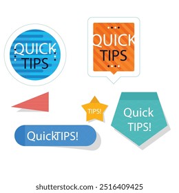 Quick-Tipps Label Vektor-Set modernen Stil für Tooltip Badge, Lösung und Beratung Banner, hilfreiche Tricks, nützliche Informationen Aufkleber, Bildung Tag, Tipp, neue Kenntnisse und Praxis zu studieren. 10 eps