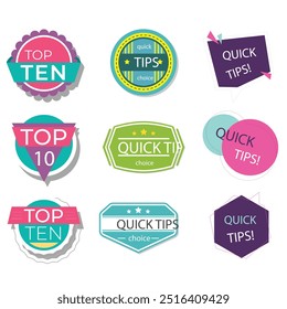 Quick tips label vector set modern style for tooltip badge, solution and advice banner, helpful tricks, useful information sticker, education tag, hint, new knowledge and study practice. 10 eps