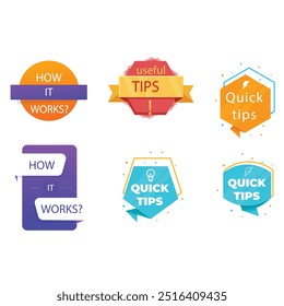 Quick tips label vector set modern style for tooltip badge, solution and advice banner, helpful tricks, useful information sticker, education tag, hint, new knowledge and study practice. 10 eps